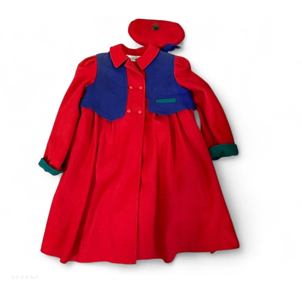 Vintage Young Gallery Girls Red Wool Coat Dress Beret Hat Size 6 Made USA